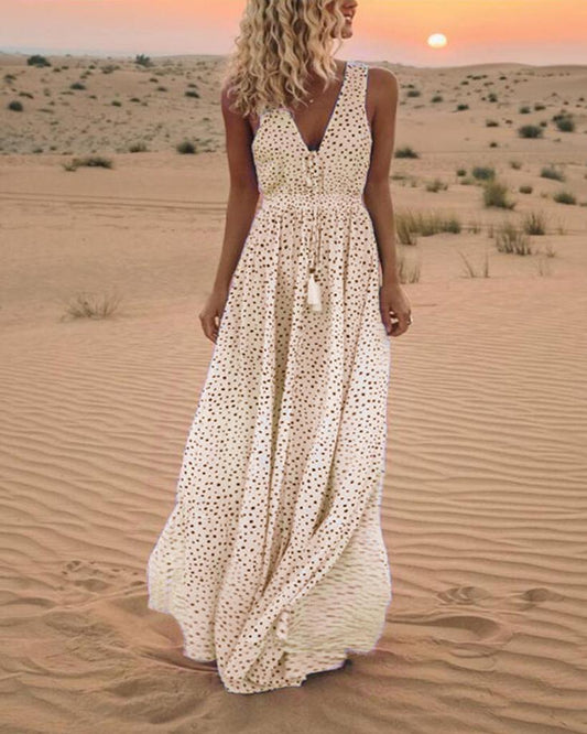 Fashion Summer New V-neck Sleeveless Maxi Dress Holiday Beach Polka Dot Bohemian Dress